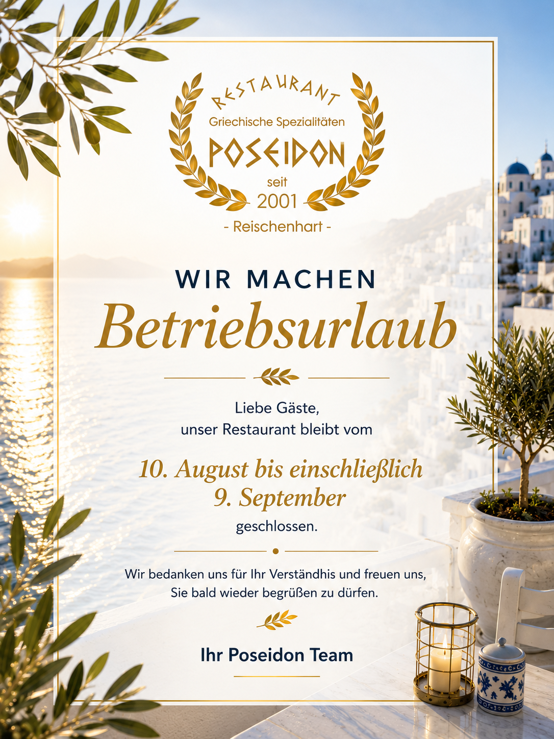 Betriebsurlaub Restaurant Poseidon